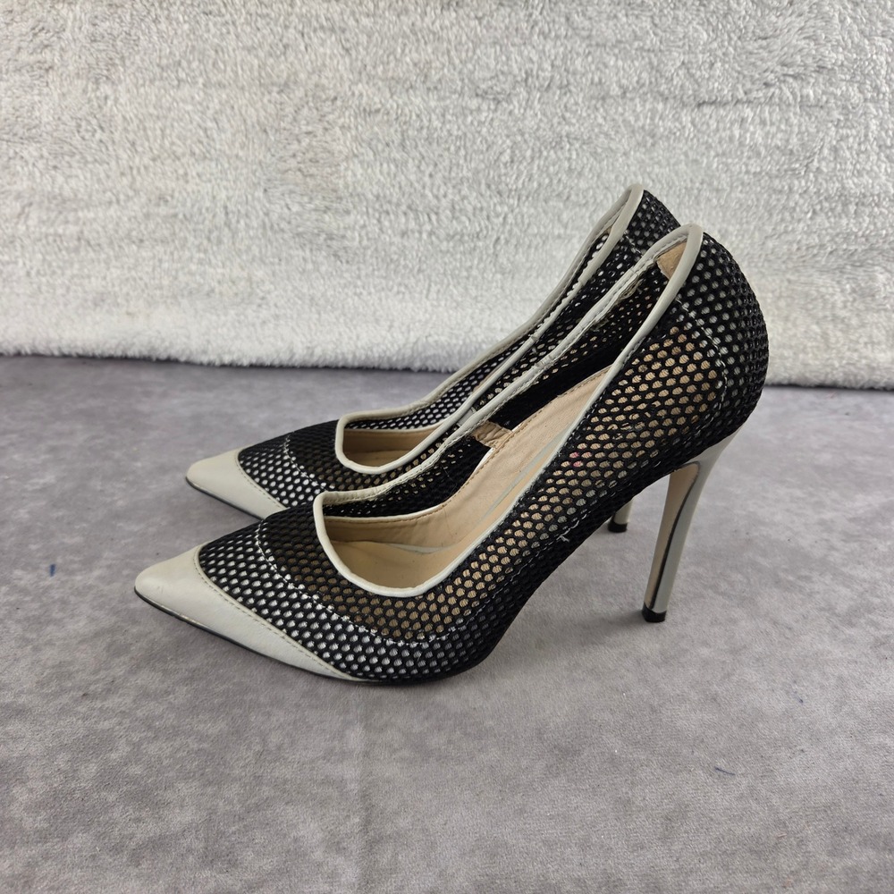 JustFab Juniper Black Mesh Cream Pointed Toe Stiletto Pumps Womens 7